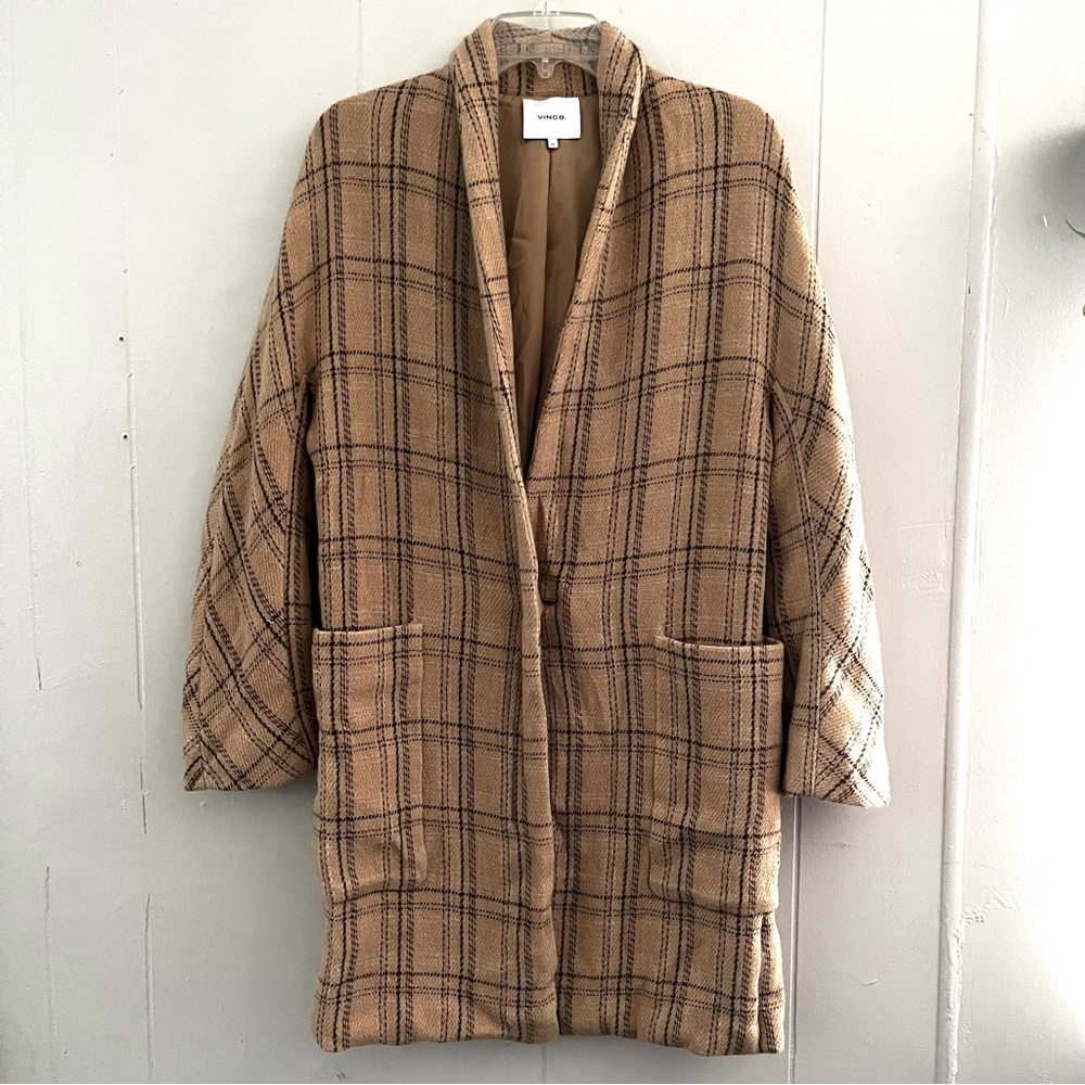 Vince Plaid Wool Blend Collarless Long Coat As Worn On TV Woman’s Sz XS